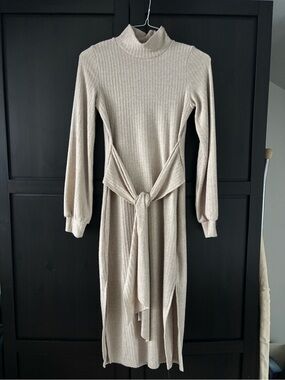 Ivy City Co Cream Ribbed Turtleneck Midi Dress with Waist Tie